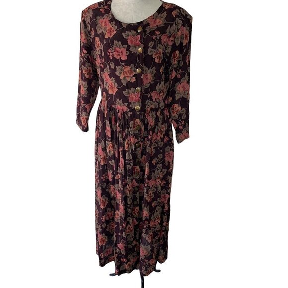 Pier 1 Passports Vintage Maxi Dress Size Medium Floral Brown Botanical Button Up - Picture 11 of 15